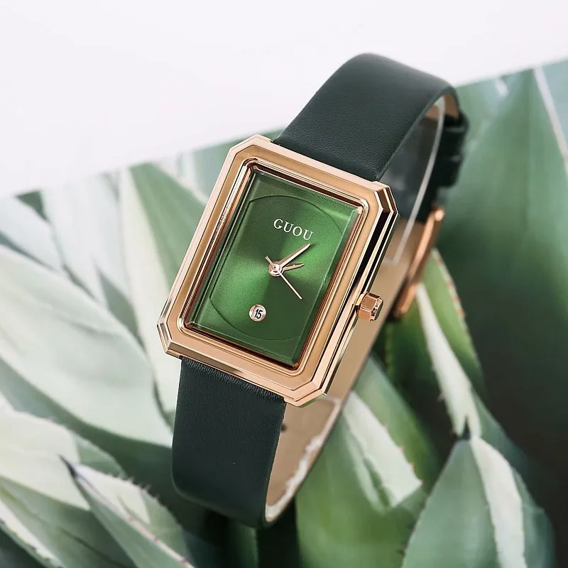 GUOU ancient European ladies watch small square female watch fashion retro trend new leather belt calendar simple female watch