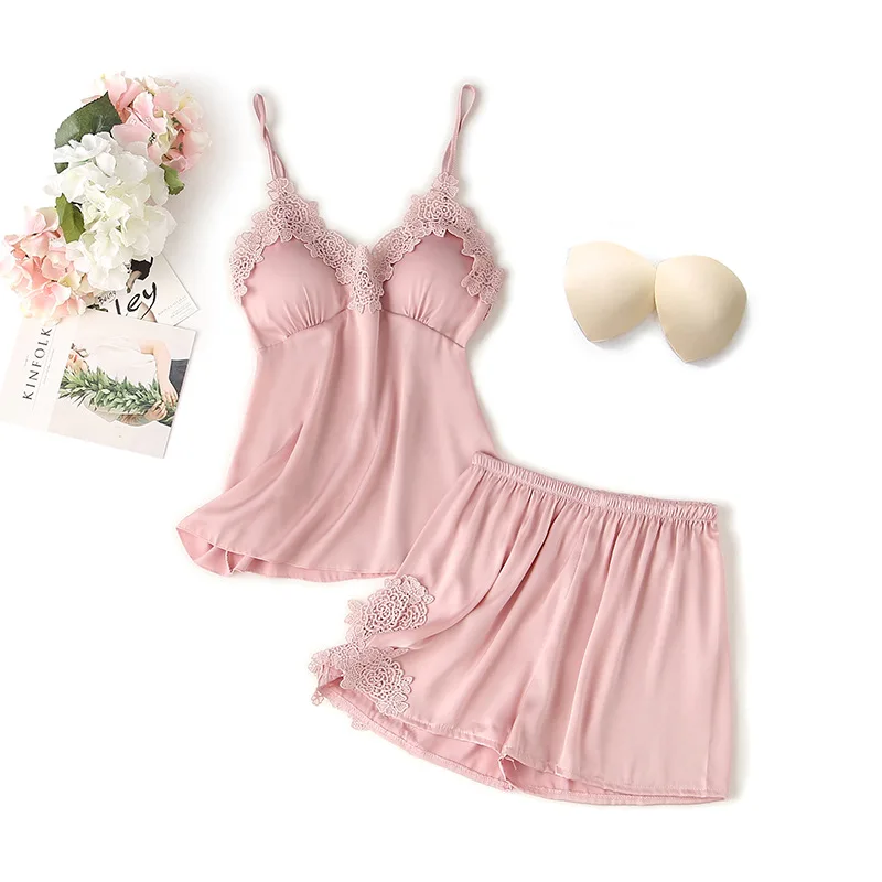 Women Lace Flower Trim 2PCS Women Pajamas Set Sexy Strap Top&Shorts With Bra Sleepwear Summer New Casual Solid Satin Nightwear