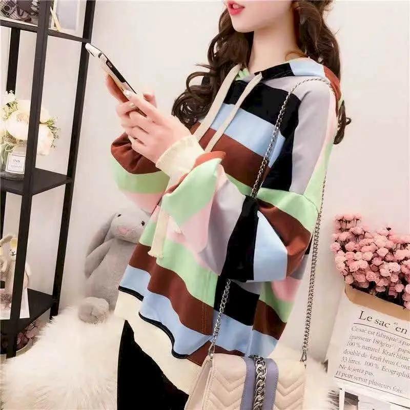 Womens Hoodies Rainbow Striped Long-sleeved T-shirt Spring Autumn New Loose Thin Casual Oversized Hooded Sweatshirt Women Tops