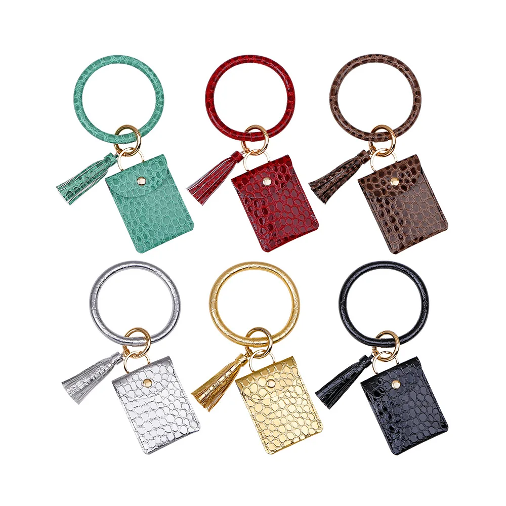 1pcs Fashion Women Keychain ID Card Holder Bangle Wristlet Wallet Key Ring Tassel Snake Skin Leather Coin Purse