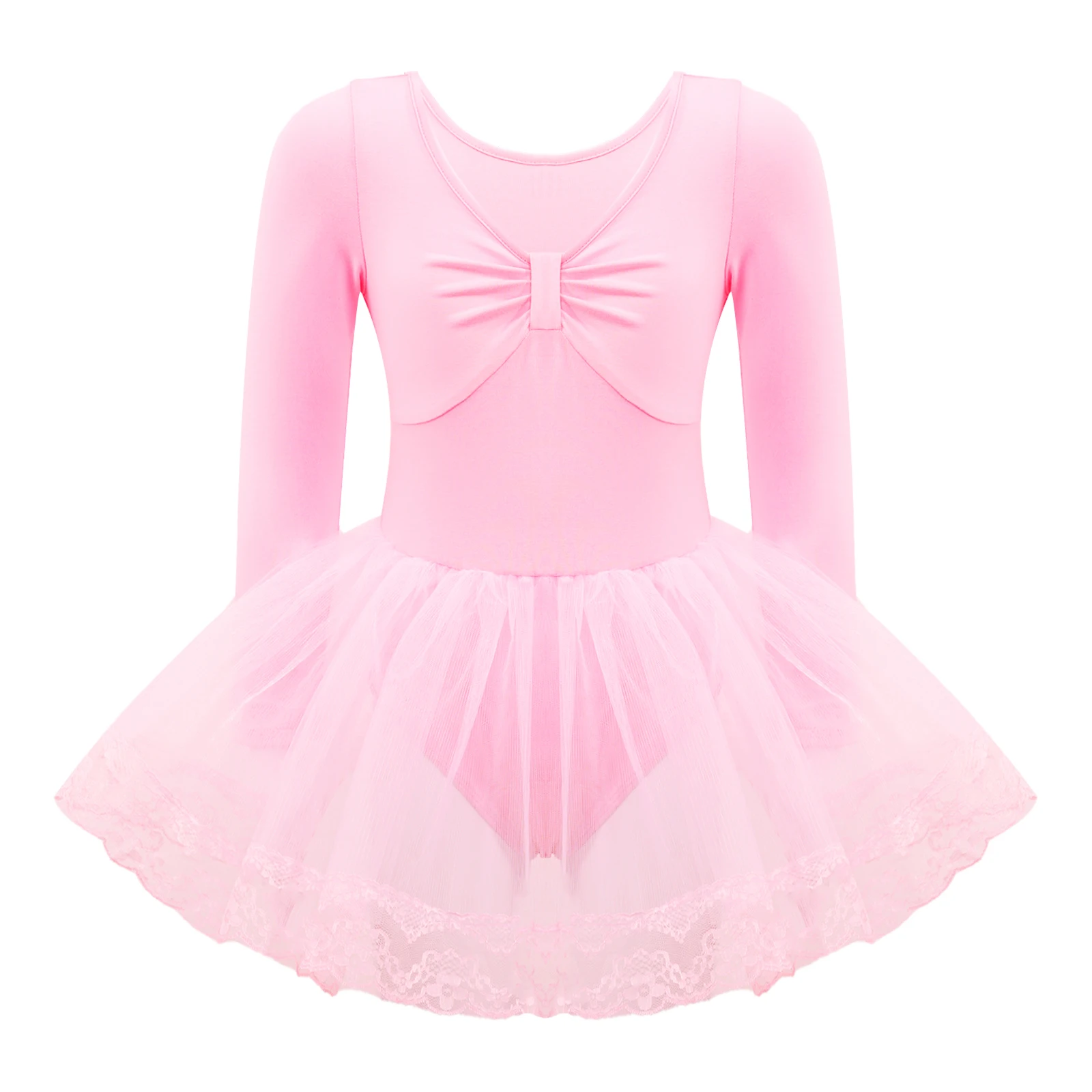 

Girls Ballet Leotard Dress New Kids Cotton Long Sleeve Ruched Tutu Mesh Lace Hem Dancewear Ballerina Dance Performance Clothing