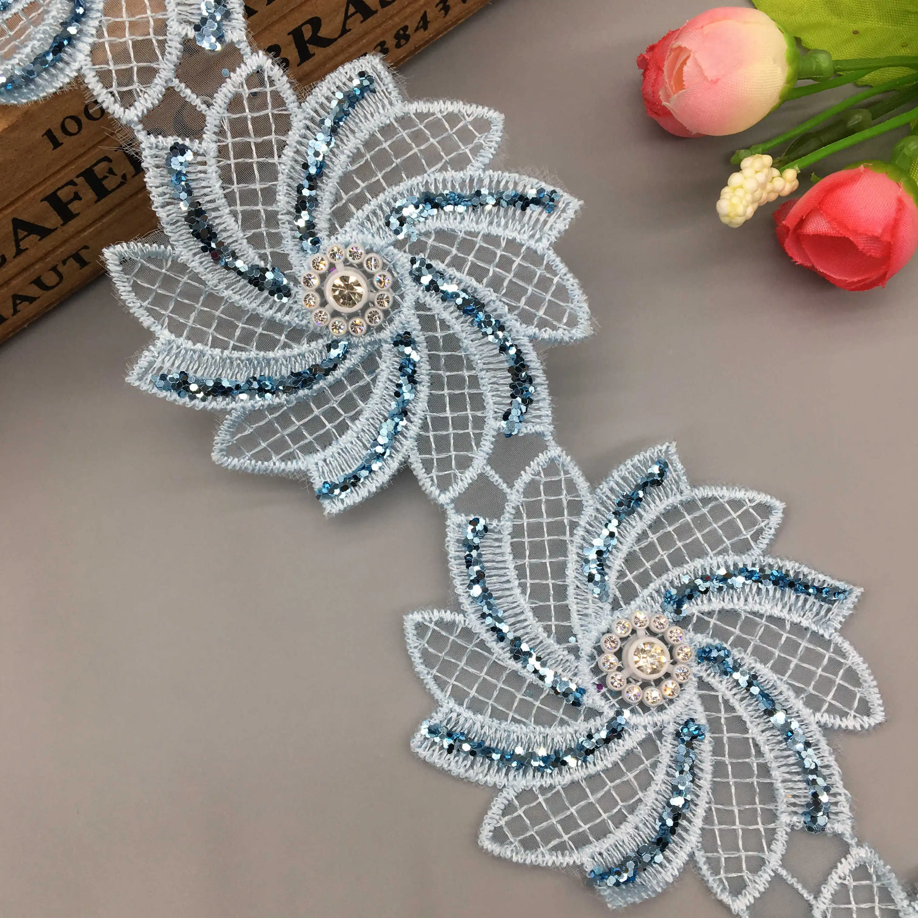 

1 Yard 7.5cm Blue 3D Flower Shiny Embroidered Glitter Lace Trim Applique Ribbon Fabric Sewing Craft DIY Handmade Wedding Dress