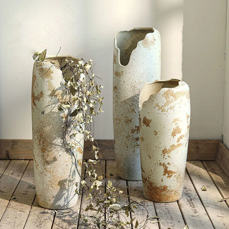 Retro Ceramics Vase Creativity Notch Hotel Landing Flower Vase Distressed Living Room Dried Flowers Organizer Home Decoration