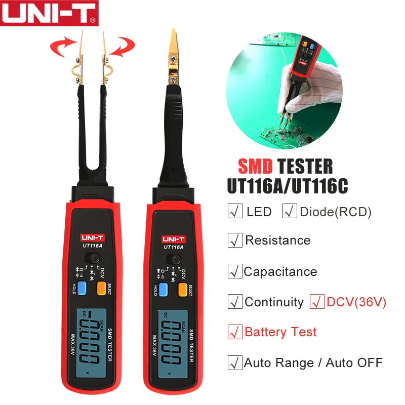 UNI-T UT116A UT116C SMD Tester Auto Range LED Digital Display Tweezers Resistance Diode Continuity Meter Electrical Multimeter