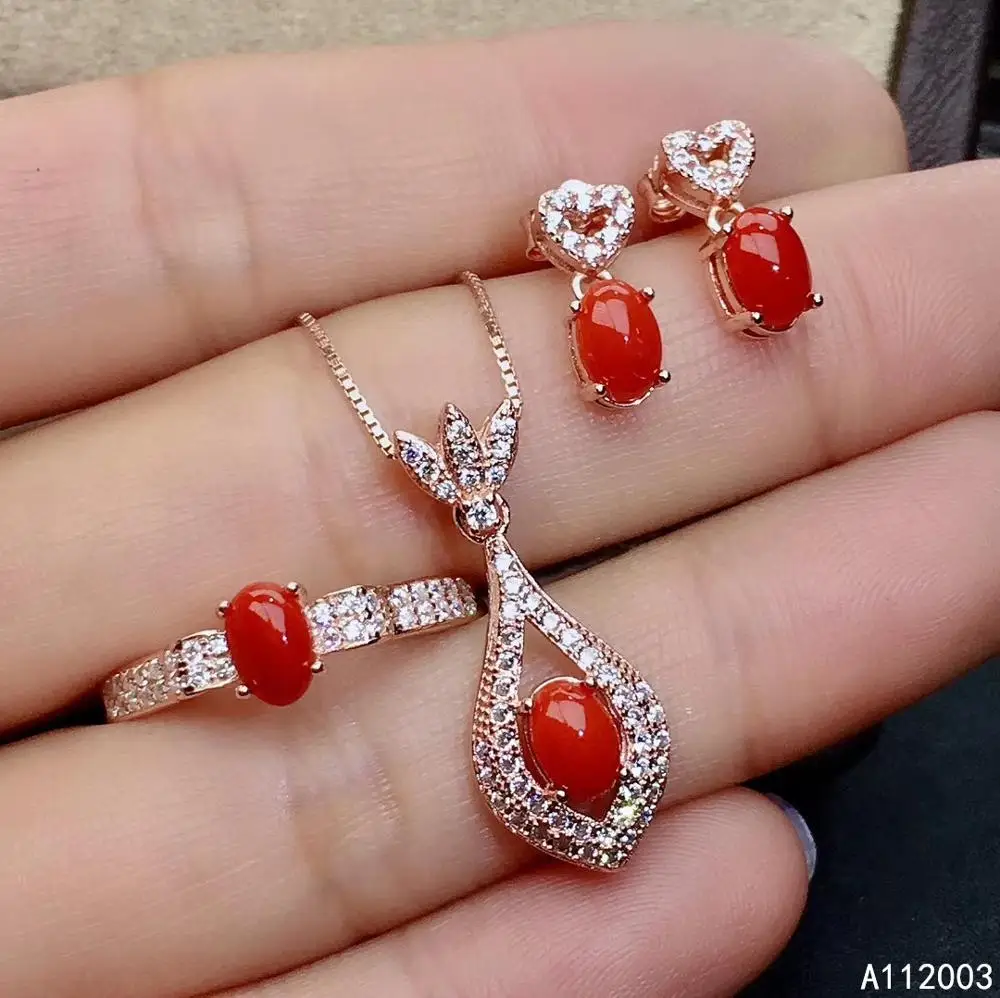 

KJJEAXCMY Fine Jewelry 925 sterling silver inlaid natural red coral new female ring pendant earring set luxury supports test