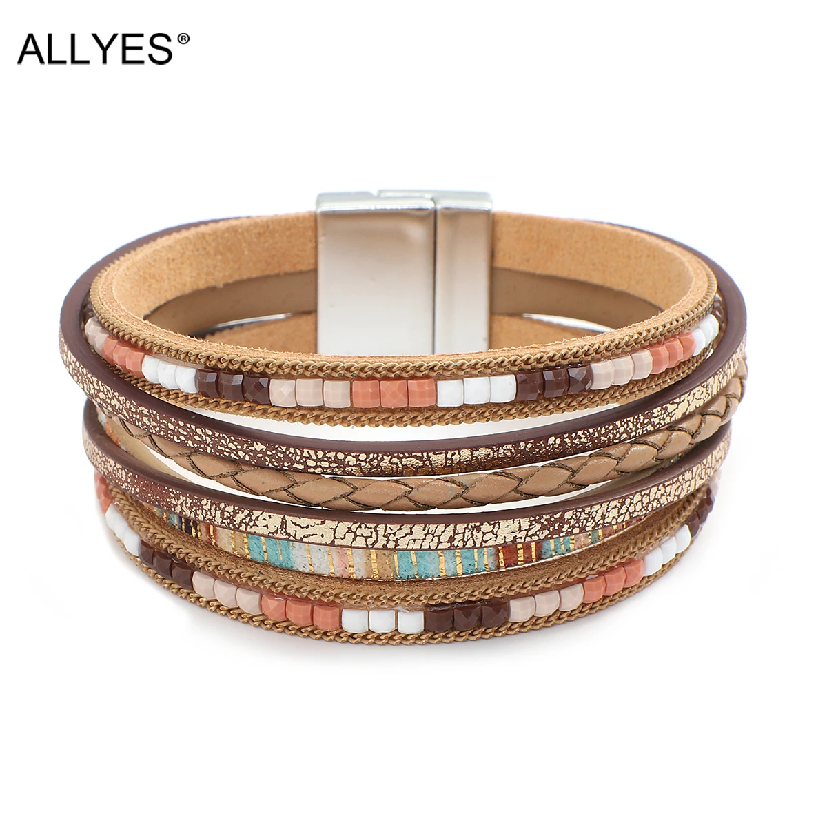 ALLYES Bohemian Braided Leather Bracelets for Women Men Fashion Handmade Rhinestone Charm Wrap Bracelet Bangle Female Jewelry