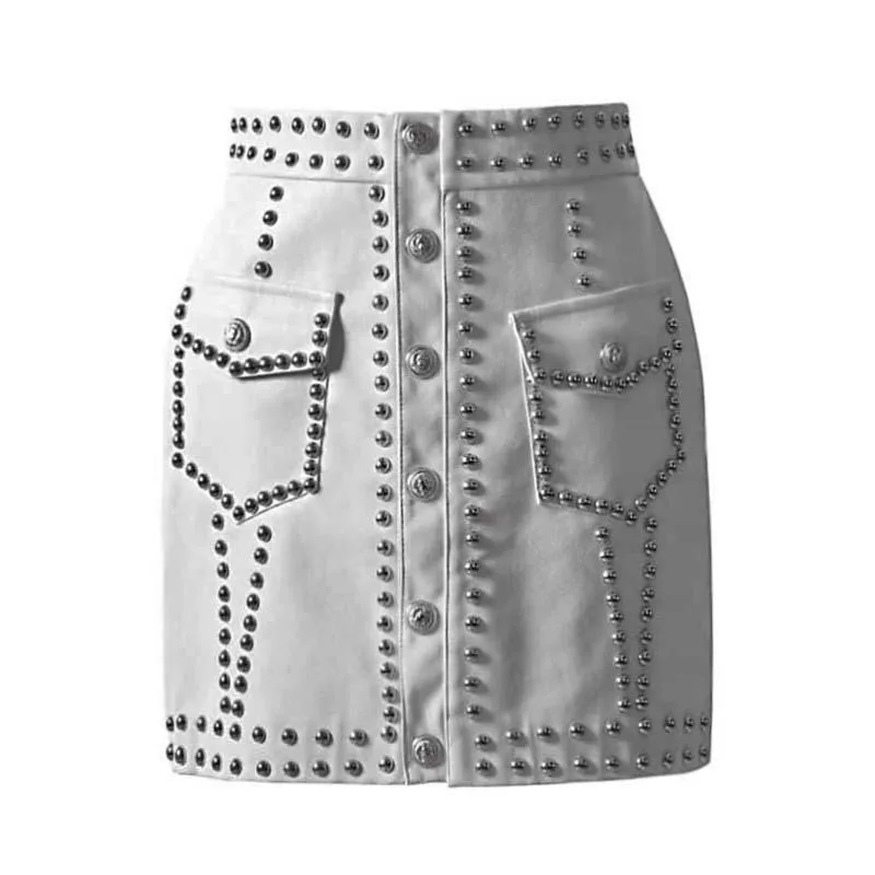 Streetwear Rivets PU Leather High Waist Single Breasted Mini Skirt For Women Punk Style Spring Fashion Skirts White