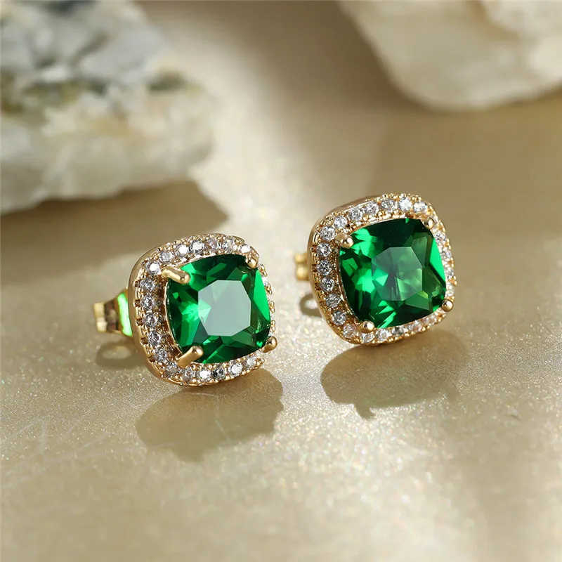 Female Luxury Green Crystal Stud Earrings Classic Green Zircon Square Stone Earrings Vintage Gold Color Small Earrings For Women