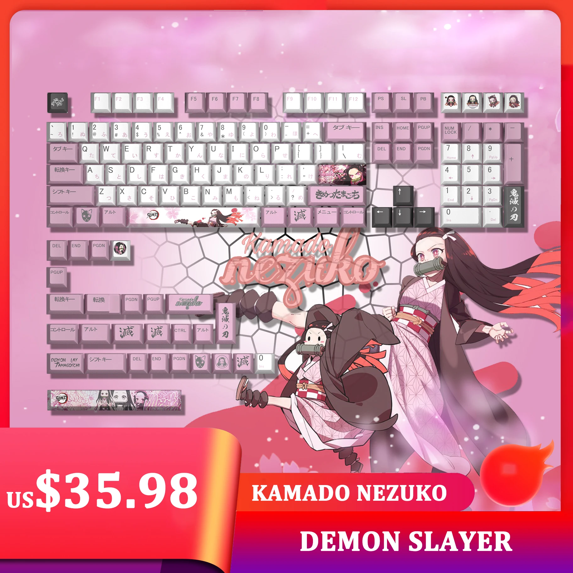 Demon Slayer Kamado Nezuko Cartoon Anime Keycap Full Set Pbt Five-Sided Sublimation Original Height for Mechanical Keyboard