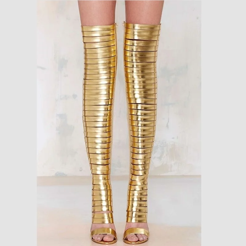 Abesire Gold High Heel Long Boots Strap Band Open Toe Women Boots Zipper Over the Knee Thin High Heel New Spring Summer Shoes