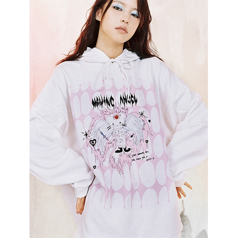 CFierce Original Design Oversized Cute Cat Print Sweatshirt Kawaii Hoodies For Women Gothic Solft Girl White Long Shirt Pullover