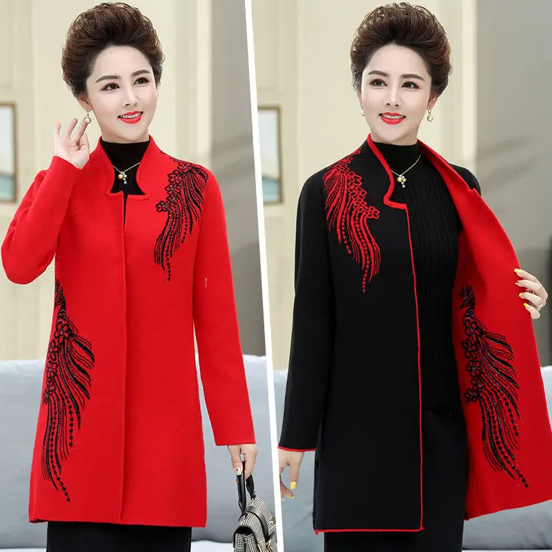 2022 New Wear On Both Sides Women Autumn Winter Coat Sweater Middle-aged Female Spring Knit Cardigan Overcoat 4XLA612