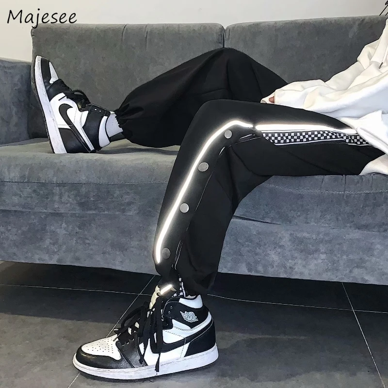 

High Street Casual Pants Men Harajuku Checkered Patchwork Ankle-length Bundle Trousers Male Hip Hop Reflective Loose Pantalones