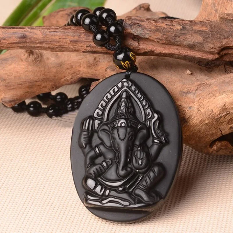 

Natural Obsidian Four arm Elephant Jade Pendant Necklace Jewelry Lucky Auspicious Amulet Pendant Jade Fine Jewelry
