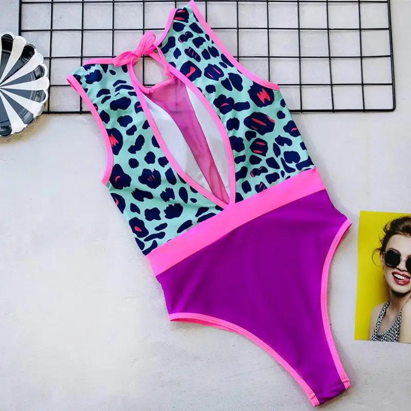 Sexy Leopard Print Mesh one piece Swimwear Women Push Up bathing suit 2020 New High Neck Swimsuit Female Deep V Beach wear 5211