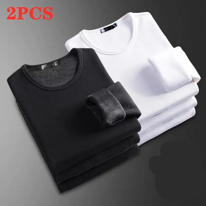 2PCS Men Thermal Underwear T Shirt Comfortable Long-Sleeved Warm Slim Men's Clothes Plus Velvet Thickening Tops