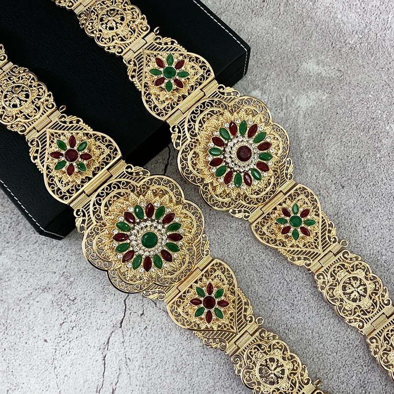 Moroccan Caftan Belt Flower Waist Chain for Women Round Crystal Ethnic Wedding Body Jewelry Bridal Gift