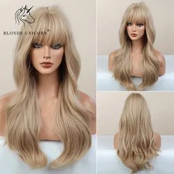 BLONDE UNICORN Long Wavy Synthetic Hair Wigs Light Blonde with Bangs For Black White Women Heat Resistant Fiber Daily Wig