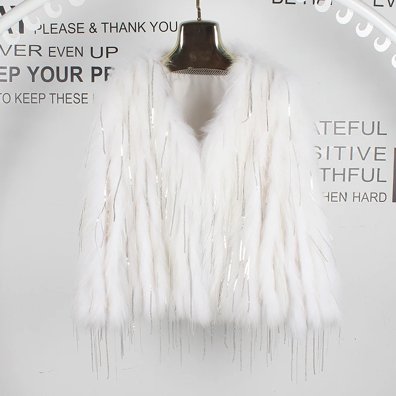 Racoon fur car striped fur coat women's short 2021  new Knitted  mid-length sequined tassel coat