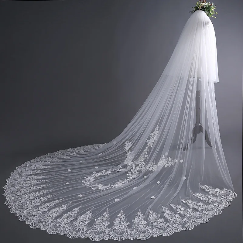 New Arrival Ivory Wedding veils Two layer Lace Applique Cathedral Bridal veil Veu de noiva Voile mariage Wedding accessories