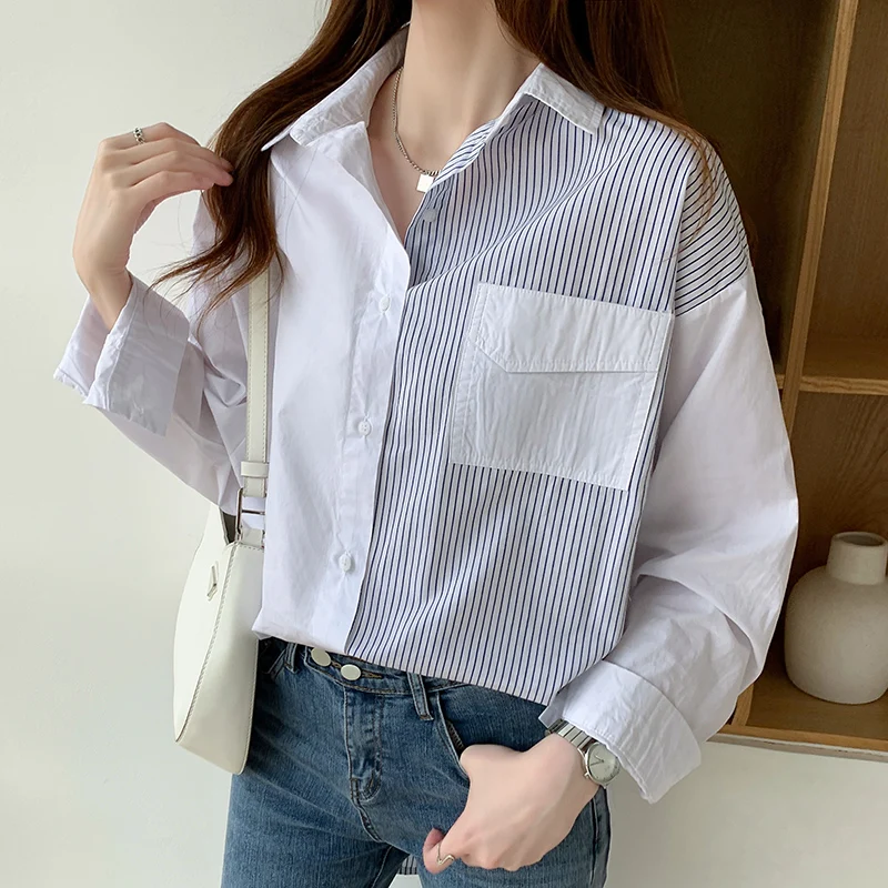 

Fashion Woman Blouse 2021 Spring Autumn Splicing Striped White Blouse Shirt Long Sleeve Loose Women Shirts Womens Tops Blusas