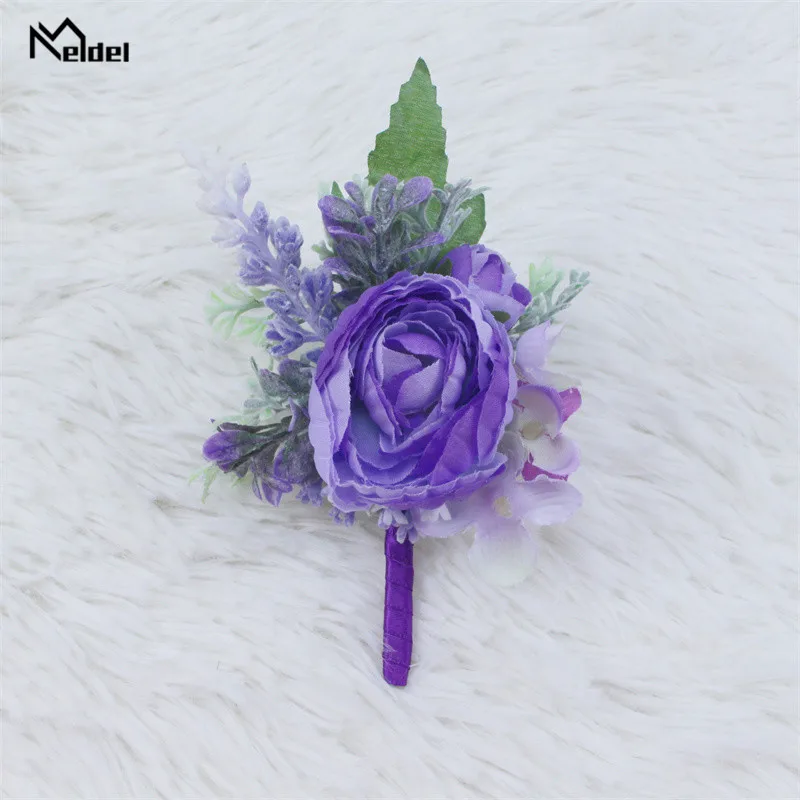 เจ้าบ่าวแต่งงาน Boutonniere Corsage ข้อมือเข็มกลัดดอกไม้สีม่วงสีขาว Rose Lapel Pin Buttonhole ผู้เข้าพักแต่งงานอุปกรณ์เสริม