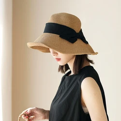 Luna&Dolphin French Style Women Summer Sun Hat Beach Straw Nature Color Bow Ribbon Cap Temperament Flat Collapsible Outdoor