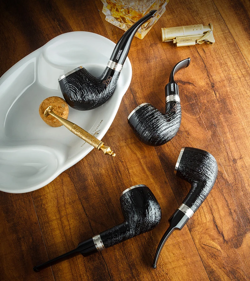 New 1pcs LUBINSKI High Grade Ebony Smoking Pipe Wooden Tobacco Pipe Silver Round Decoration Smoke Men's Gadget