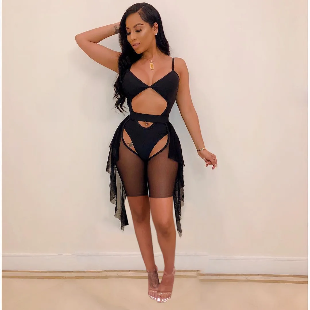 

Sexy Mesh Sheer Two Piece Set Spaghetti Strap Bodycon Bodysuit Hollow Biker Shorts Summer Outfits Clubwear Matching Sets