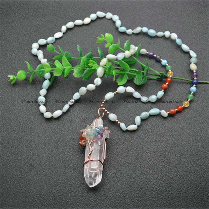 Handmade Crystal Healing Pendant Wire Wrapped Multi Stone Chips Chakra Life Tree Stone Mix Gemstone Chain Point Energy Jewelry