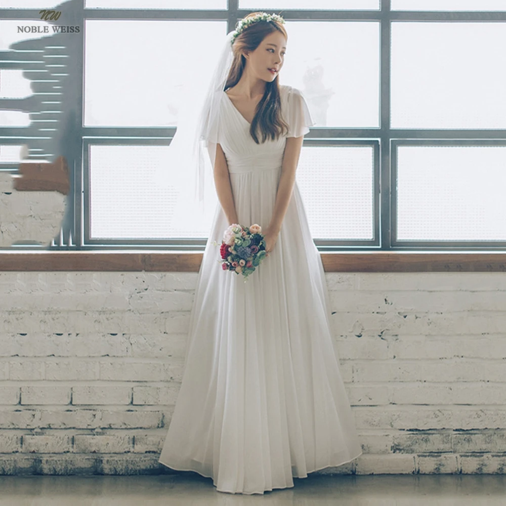 Vestido de novia con cuello en V hasta el suelo, vestidos de novia plisados, línea A, vestido de novia de gasa para mujer