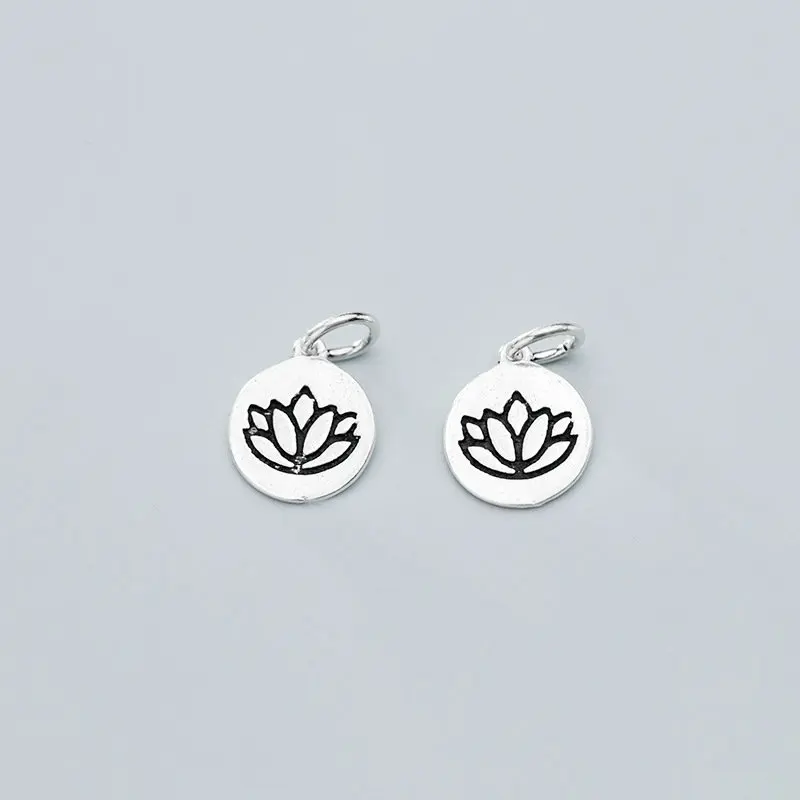 1PC 925 Sterling Silver Carve Lotus Round Shape Charm Pendant for DIY Bracelet Making Fine Jewelry Finding