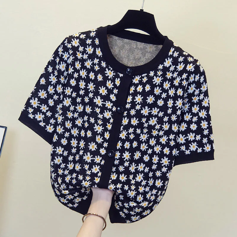 M-4XL size women Summer thin kintting sweater 2021 short sleeve o neck flower print button Oversized pullover jumper