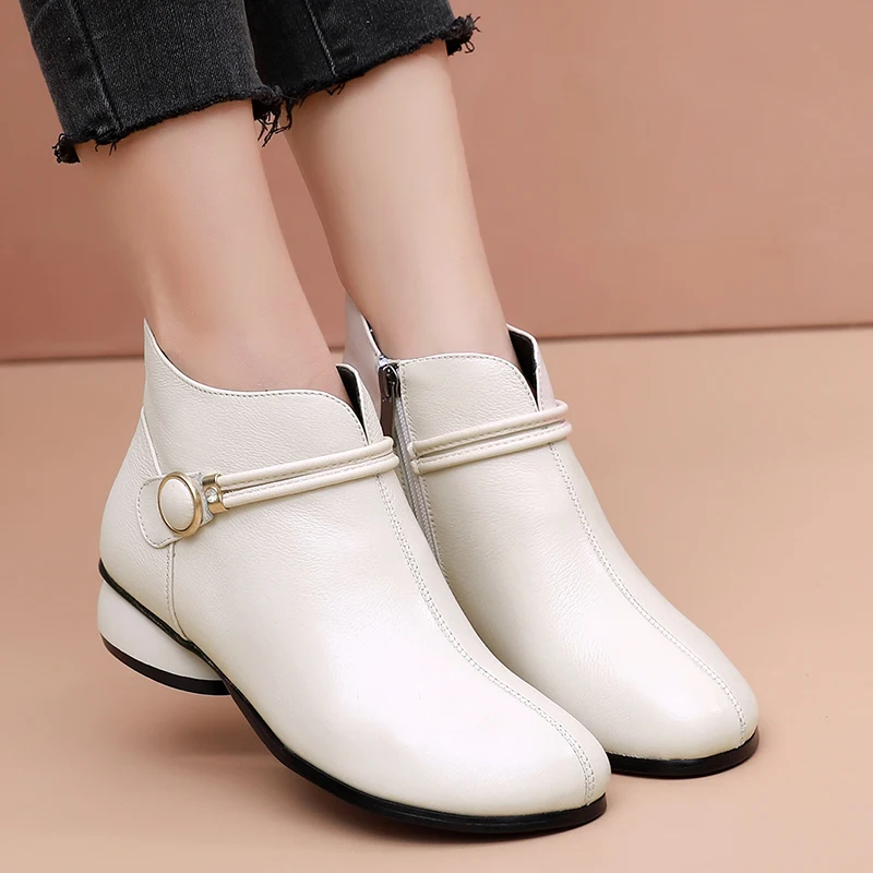 GKTINOO Autumn Winter Genuine Leather Low Heels Ankle Boots For Women Warm Boots Side Zipper Soft Comfortable Cow Leather Botas