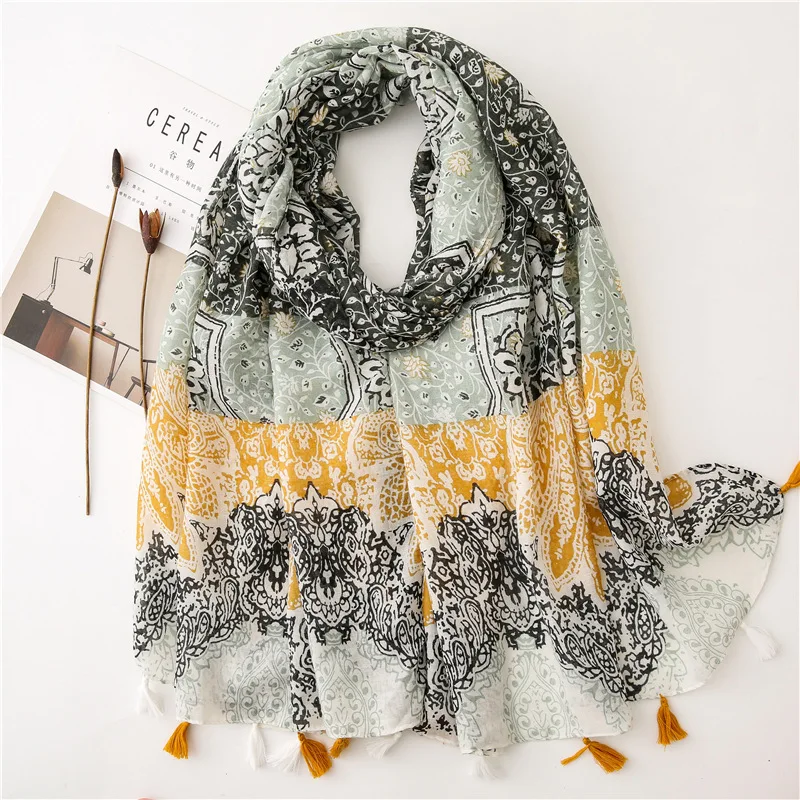 Luxus Marke Baumwolle Schal Frauen Große Schals Design Hijab Echarpe Druck Quaste Schals Dame Strand Stola Schalldämpfer Foulard Pareo – Detail 18