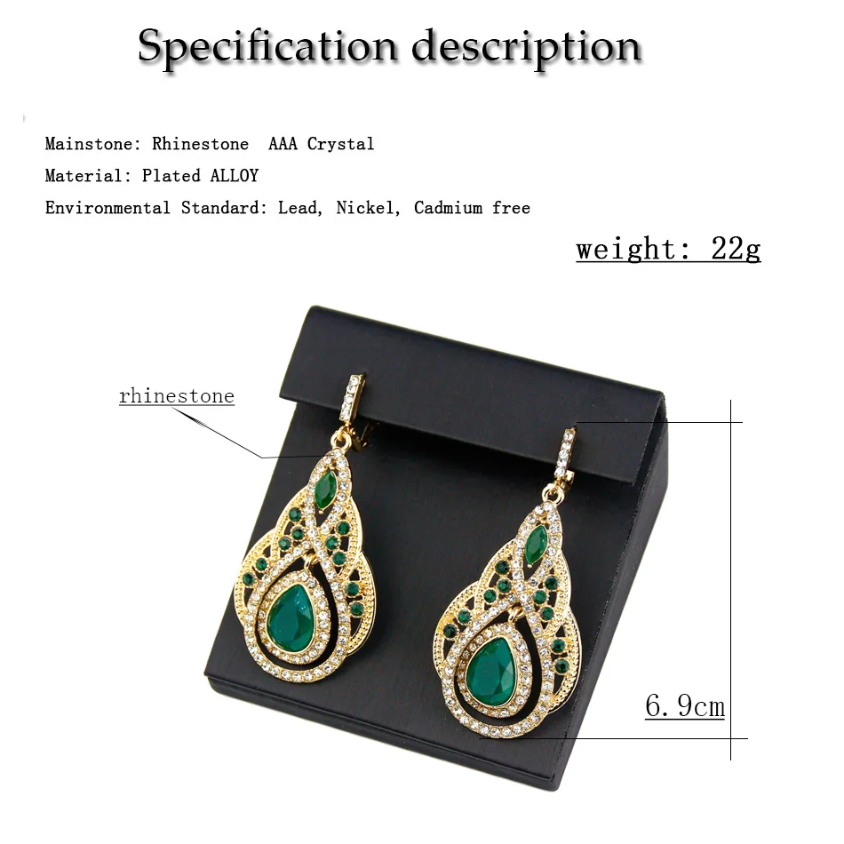 Sunspicems Chic Morocco Women Drop Earring Full Crystal 18K Gold Color Palace Banquet Wedding Jewelry French Bridal Earring Gift