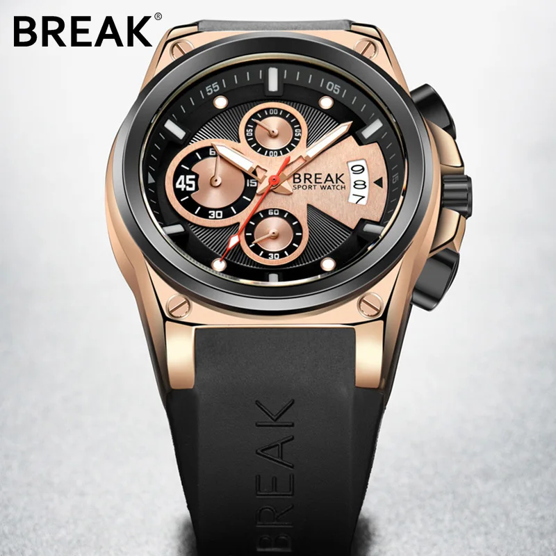 BREAK Men Luxury Popular Brand Casual Fashion Wristwatch Sport Chronograph Calendar Waterproof Rubber Band Relogio Quartz Watch