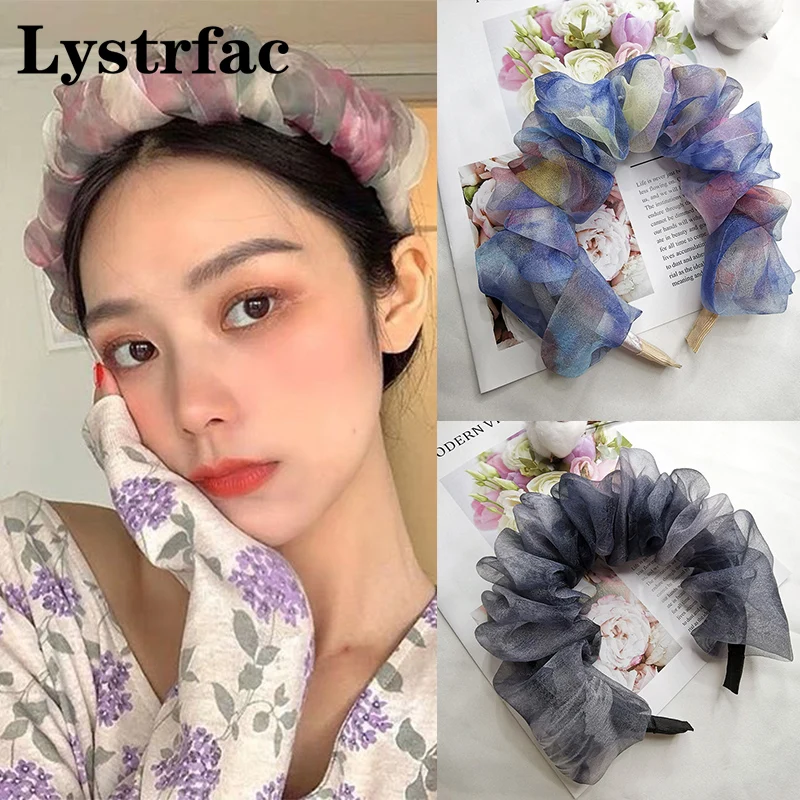 Lystrfac New Korean Mesh Ink Printing Bubble Fold Scrunchy Headband for Women Fashion Hairband Female Hair Accessories