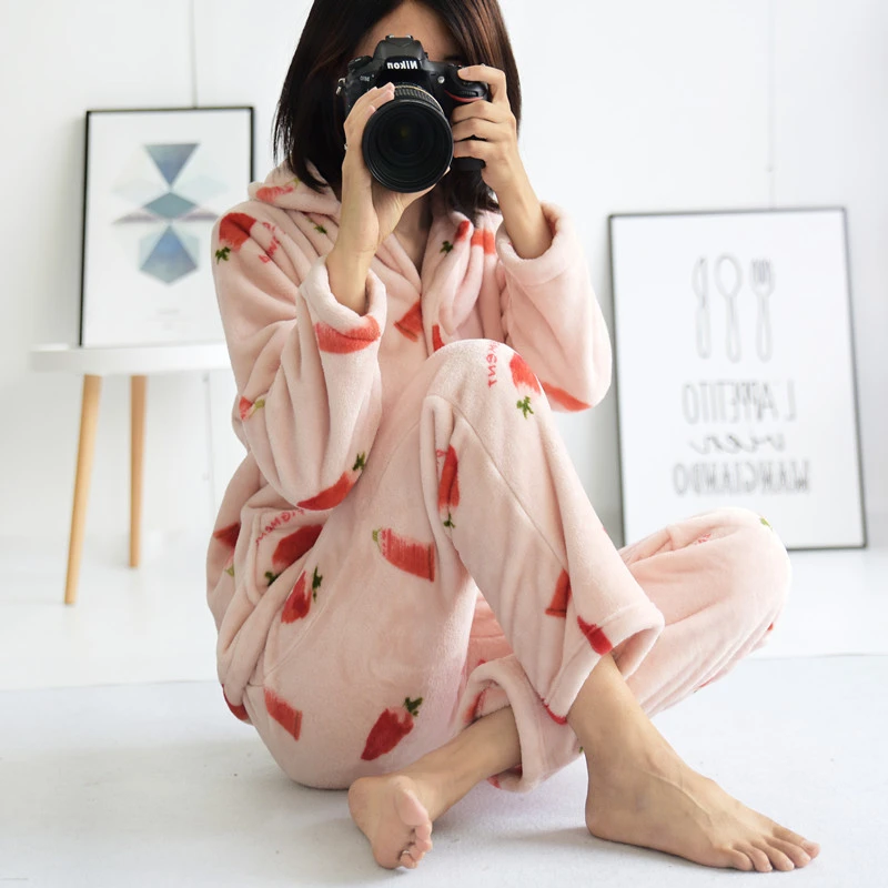 

Warm pajamas women's autumn and winter sleepwear fashion home service flannel cardigan nightgown two-piece sexy bathrobe new