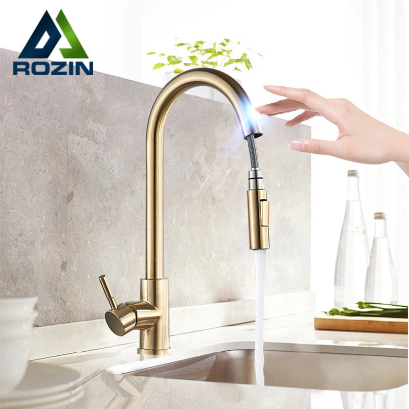 Rozin toque inteligente torneira da cozinha escovado ouro pull out sensor torneiras preto/níquel 360 rotação guindaste 2 saída torneiras misturadoras de água