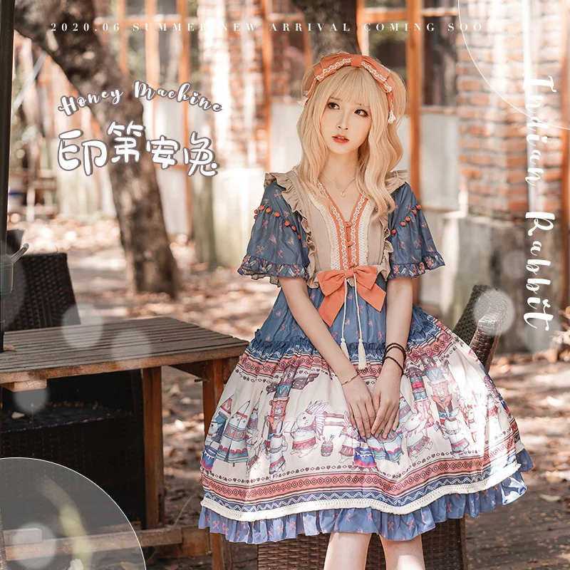 

Classic Sweet Rabbit Summer Lolita Short Sleeve Op Dresses Pastoral Mori Cute Girl Cosplay Kawaii Renaissance Dresses