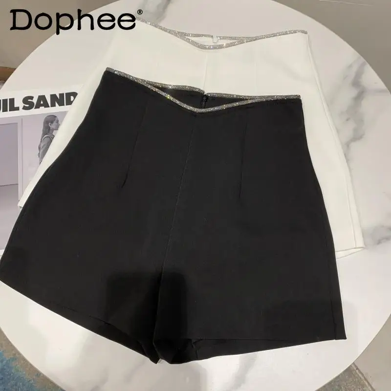 2022 Spring Autumn New Rhinestone Shiny High Waist Suit Shorts Women Simple Temperament Black Blazer Short Pants Femme Hot Pants