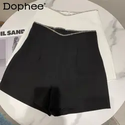 2022 Primavera Autunno Nuovo Strass Lucido a Vita Alta Pantaloncini da Donna Temperamento Semplice Giacca Nera Pantaloni Corti Femme Pantaloni Caldi