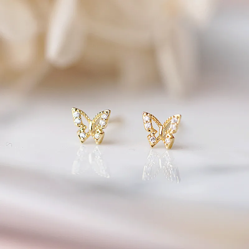 925 Sterling Silver Korean Exquisite Quality Inlaid Crystal Butterfly Stud Earrings Women Classic Daily Jewelry