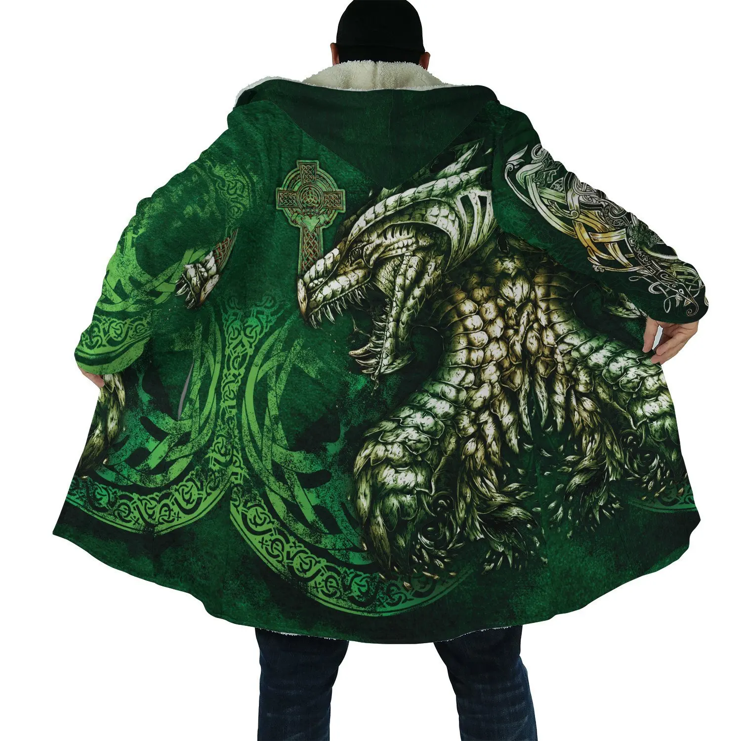 

Winter Fashion Mens Hooded cloak Fenrir Wolf Tattoo Dragon 3D Print Thick Fleece wind breaker Unisex Casual Warm Hood cloak DP03