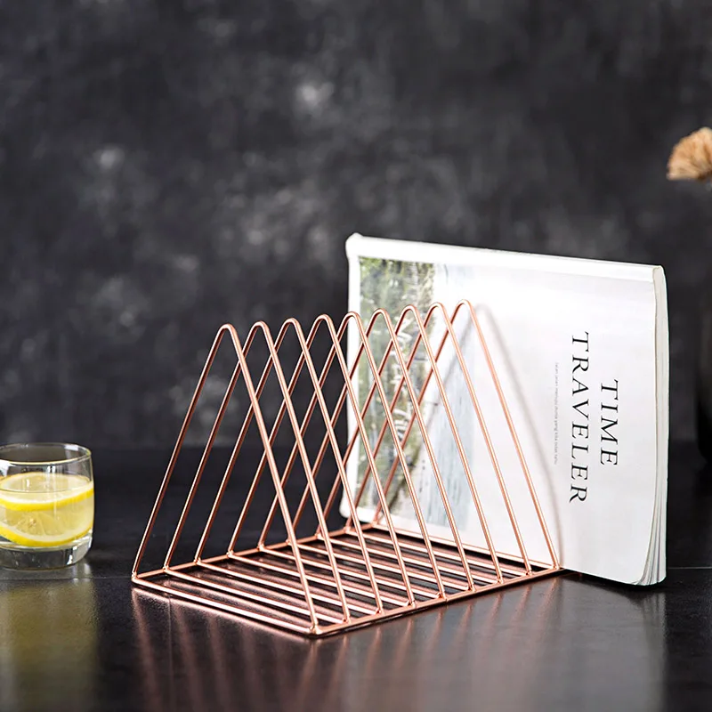 

Nordic Wrought Iron Triangle Book Holder Office Organizer Bookshelf Desk Decorative Ornaments Book Stand