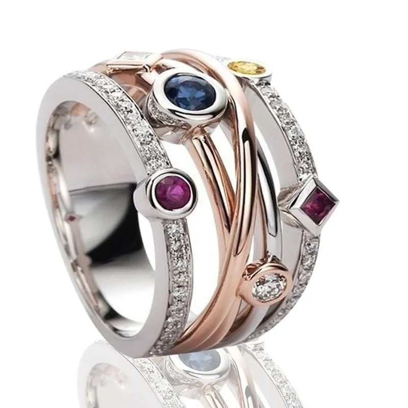 Exquisite 925 Sterling Silver Lady Cross Two Color 18K Rose Gold Gem Fashion Sapphire Amethyst Diamond Ring size 5-11