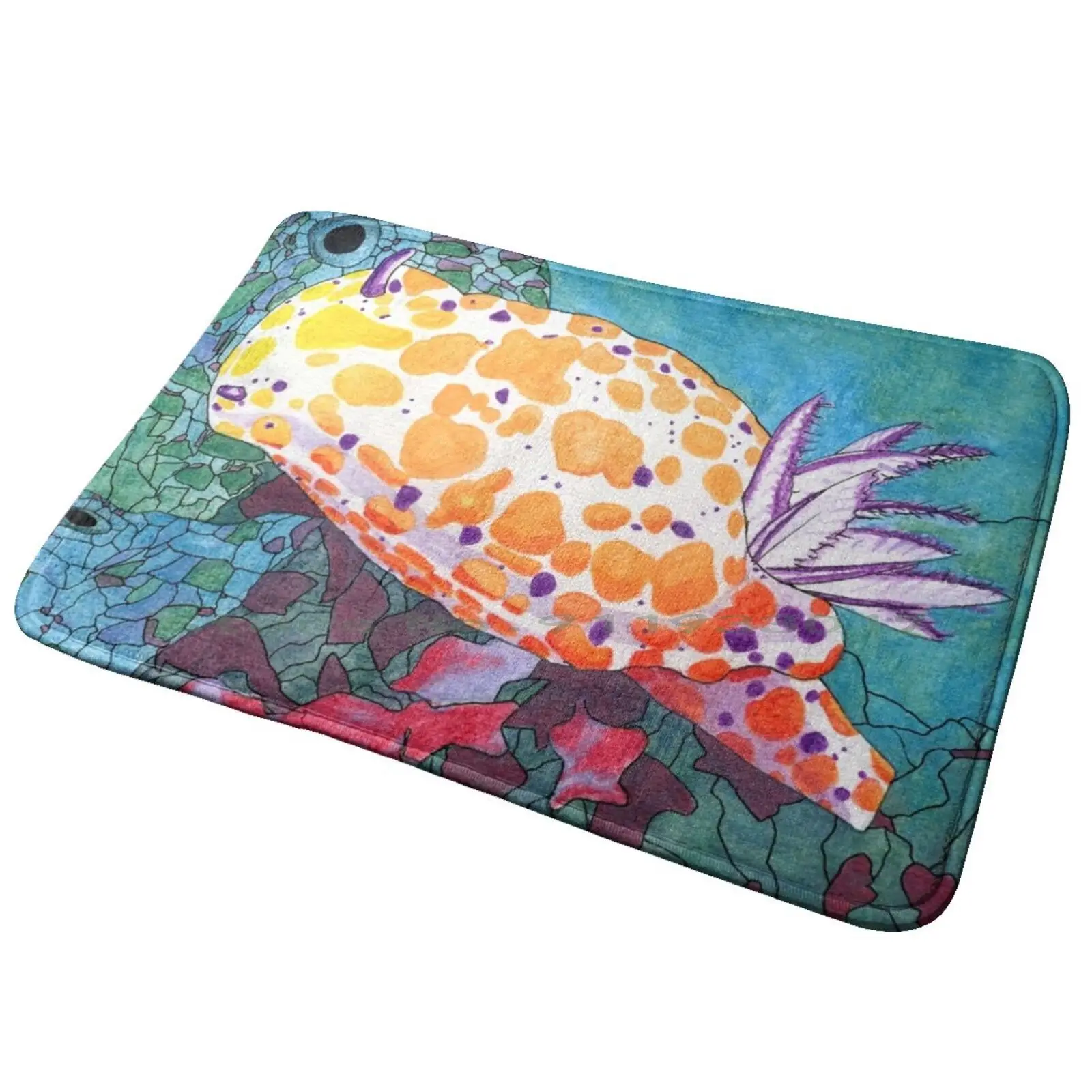 Rudie Nudibranch Entrance Door Mat Bath Mat Rug Nudibranch Ocean Karen Watson Kazseas Marine Nature Blue Orange Yellow