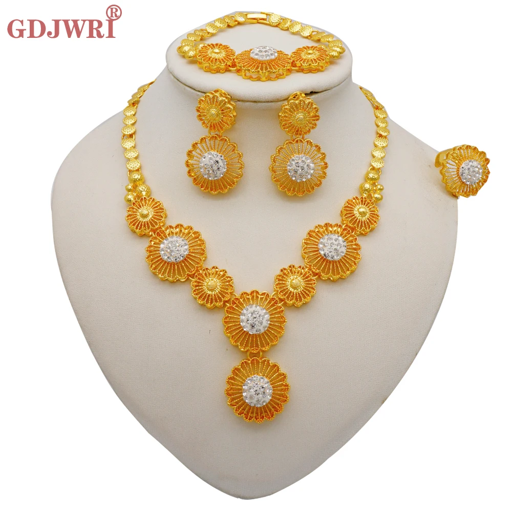 Dubai Jewelry Sets Sun Flower Crystal Necklace Bracelet Earrings Ring Nigerian Wedding Party For Women Fashion Jewelry Set