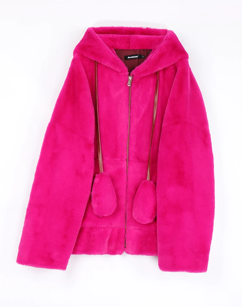 Nerazzurri Spring Fluffy Jacket with Rabbit Ears Raglan Sleeve Zipper Oversize Light Soft Harajuku Kawaii Faux Fur Hoodie 2021